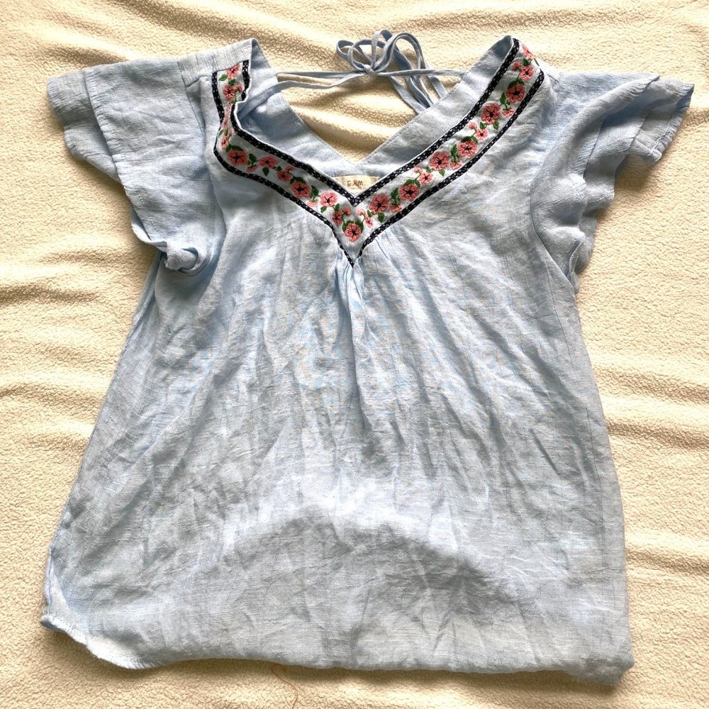 E hanger M Women's V Neck Floral Embroidered Ruffle Sleeve Top Blue Size Small